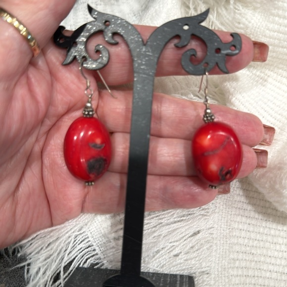 Red Coral, Raw Tiger Eyes, Turquoise & Agate stones Necklace earrings Set! - Picture 3 of 10